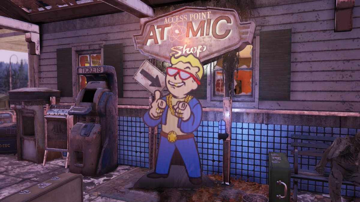 FalloutSearch's tweet photo. Player reactions to #Fallout76 Atomic Shop in-game advertising appearing at ALL Train Stations (Patch Notes said it was just one): "Tacky" "Lame" "Stupid" "Sad" "Cheap" "Eyesore" https://t.co/5odA2tSNDa @Fallout @BethesdaStudios @pcgamer @Polygon @gameinformer @Kotaku https://t.co/H1s9G0PkNJ