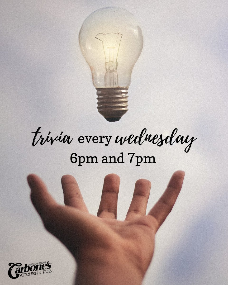 cgcarbones's tweet photo. Do you have a plethora of useless knowledge in your noggin? Then, you may be good at trivia. Join us on Wednesdays at 6pm and 7pm to challenge your buddies and win some sweet prizes 🙌🏻 https://t.co/FcsPvp7Uu2