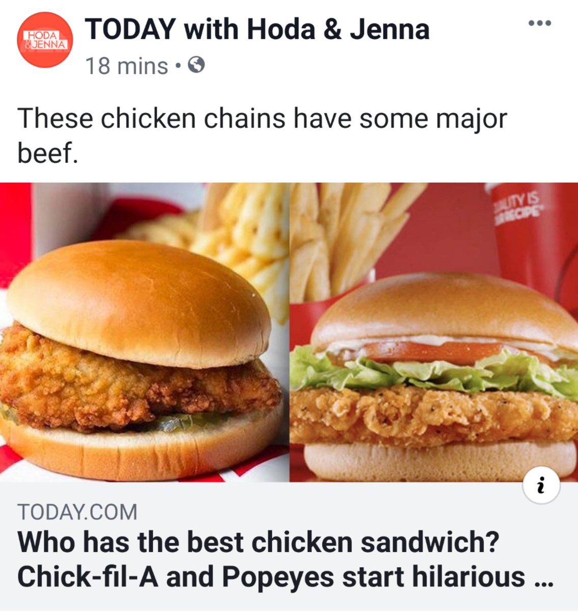 eyelashesnwinks's tweet photo. @TODAYshow put up a @facebook post comparing @ChickfilA sandwich to the new @PopeyesChicken sandwich but used a @Wendys  comparison pic because they clearly know that @Wendys reigns supreme! 😂😂👍 https://t.co/hUTd4TJLSz