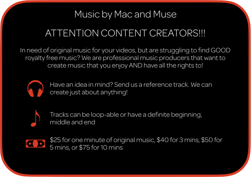 iwillbeurmuse's tweet photo. Excited to announce that @McDaddyHentai1 will now be offering our services! Do you have a difficult time finding music for your videos? Look no further! Please retweet this to get the word out and dm either of us or email me at iwillbeyourmuse97@gmail.com if you're interested. https://t.co/vibUrrkpCx