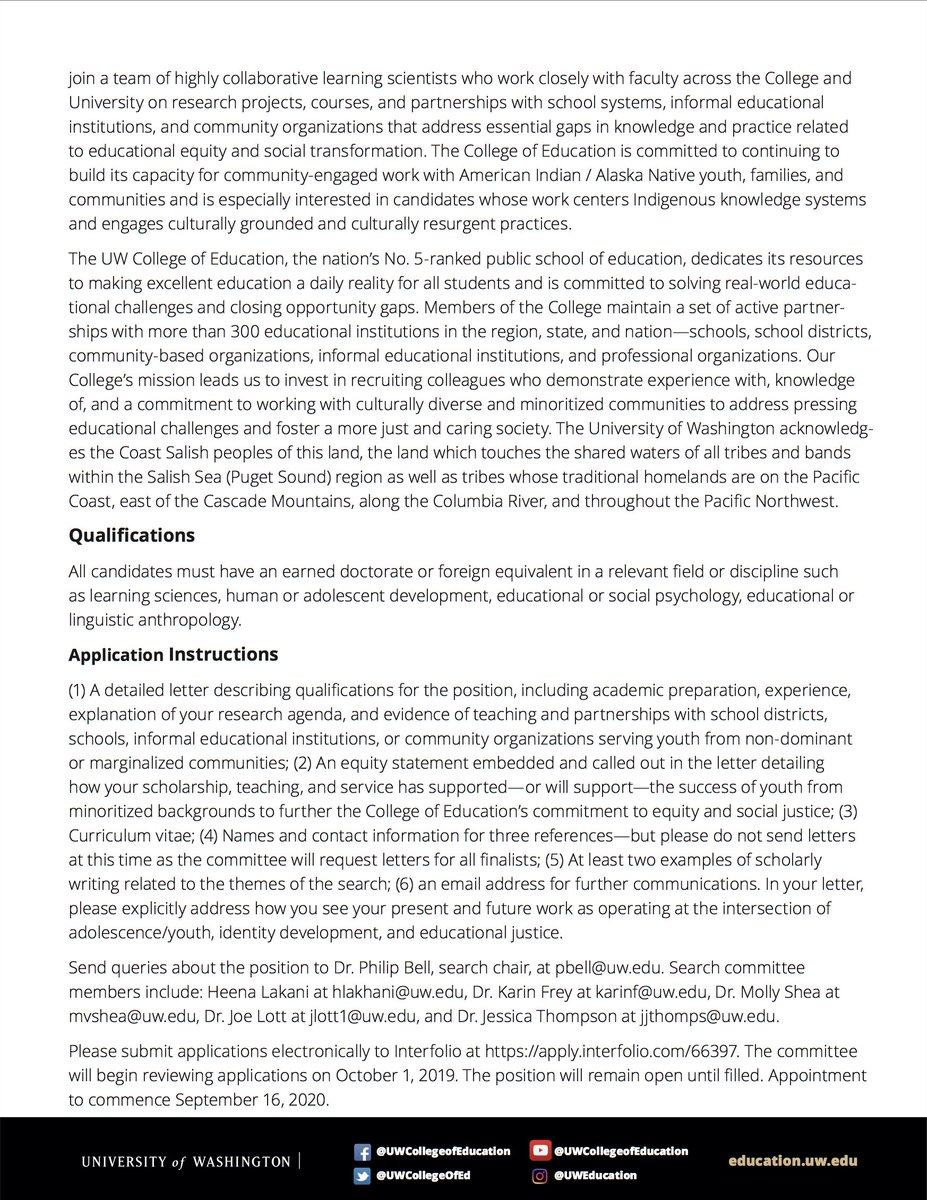 Philip Bell (@philiplbell) on Twitter photo Greetings! Please come join the <a href="/UWCollegeOfEd/">UW College of Education</a> or invite those you know to apply to join our community! We have an awesome tenure-ladder faculty position in <a href="/UW_LSHD/">UW Learning Sciences & Human Development</a> focused on ADOLESCENCE / YOUTH, IDENTITY DEVELOPMENT & EDUCATIONAL JUSTICE! #EquityFirst #AcademicTwitter Greetings! Please come join the <a href="/UWCollegeOfEd/">UW College of Education</a> or invite those you know to apply to join our community! We have an awesome tenure-ladder faculty position in <a href="/UW_LSHD/">UW Learning Sciences & Human Development</a> focused on ADOLESCENCE / YOUTH, IDENTITY DEVELOPMENT & EDUCATIONAL JUSTICE! #EquityFirst #AcademicTwitter