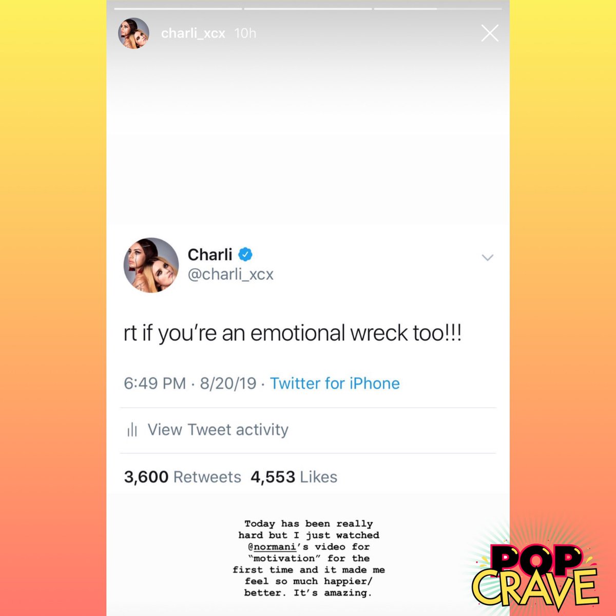 . @Charli_XCX praises  @Normani and says “Motivation” motivated her into a positive mindset.