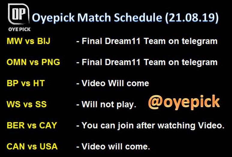 oyepick's tweet photo. Oyepick Match schedule for today (21.08.2019)
Join telegram channel for free #Dream11 team - https://t.co/HQ6fwGzTQM
#Oyepick #Today #MatchPrediction #KPL #KSL #KSL2019 #NammaKPL #KPL2019 #BERvCAY #MWvBIJ #OMNvPNG #BPvHT #WSvSS #CANvUSA #TeamUSA #AmericanRegion https://t.co/UKSlxAPy8N