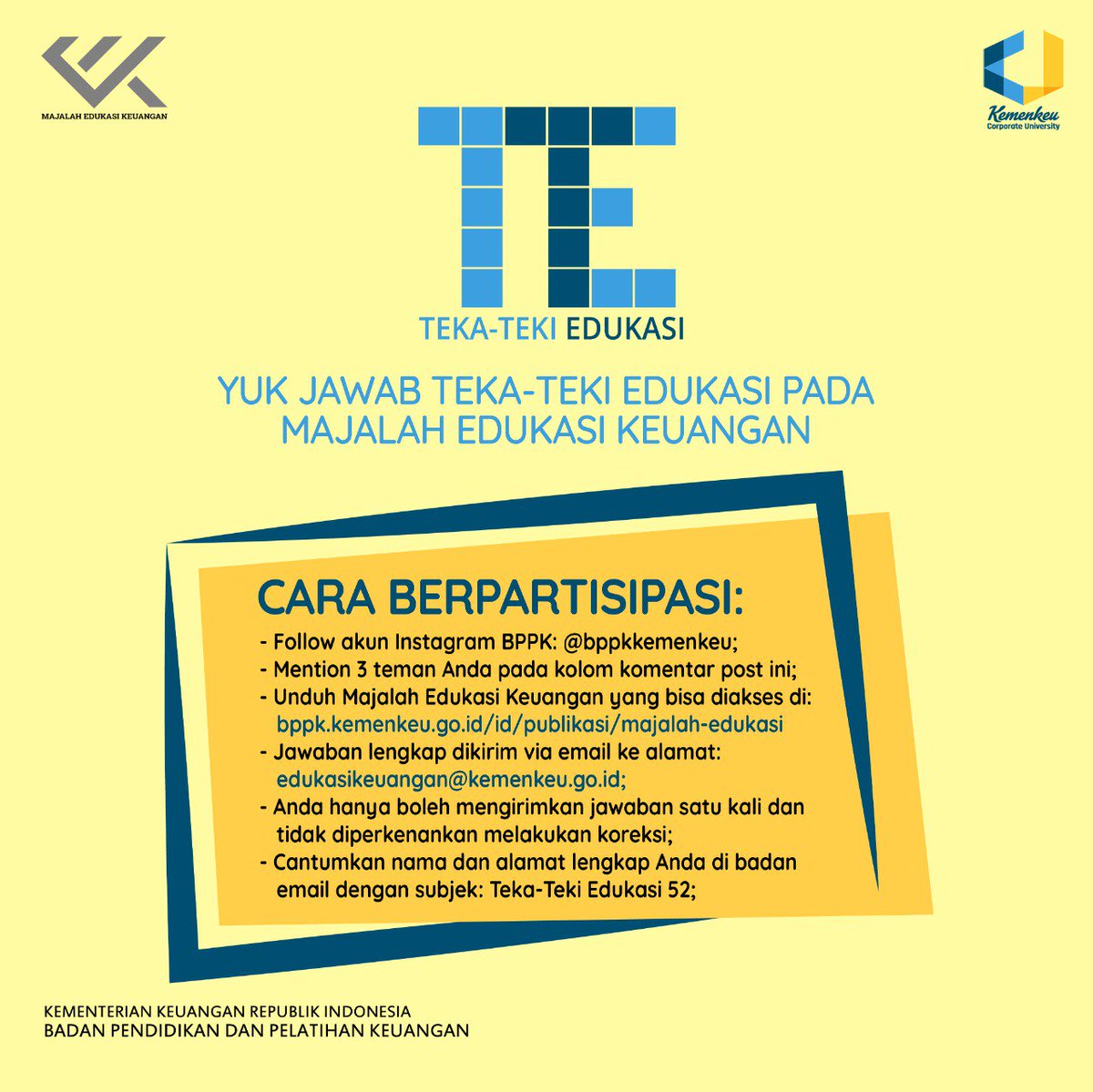 BPPKkemenkeu's tweet photo. Kalau Warganed liburan ke Yogya
Jangan lupa mampir ke Malioboro
Edmin mau ingetin aja
Majalah Edukasi Keuangan Edisi 52 udah terbit lho!

Ikuti juga Teka Teki Edukasinya ya..
Majalah dapat diunduh di https://t.co/W0lnG5cEEv pada menu publikasi. Selamat Membaca!

#EdukasiKeuangan https://t.co/EE5lATGKwN