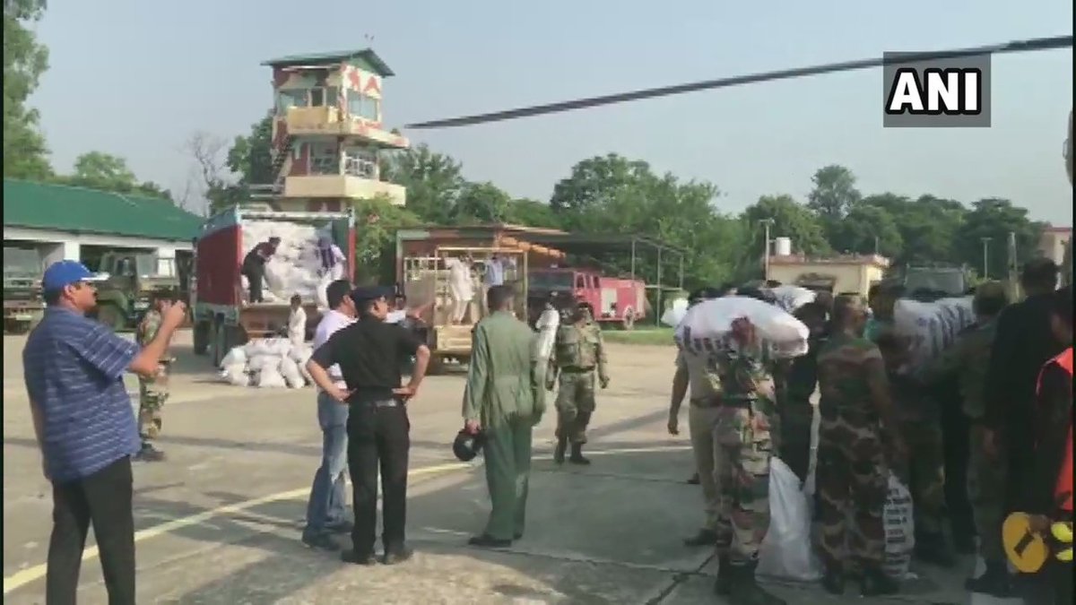 ANI's tweet photo. Punjab: Three Cheetah Helicopters are taking 36000 parathas and 18000 litres of water to 18 flood affected villages of Shahkot, in Jalandhar district. https://t.co/KY79b3oi1X