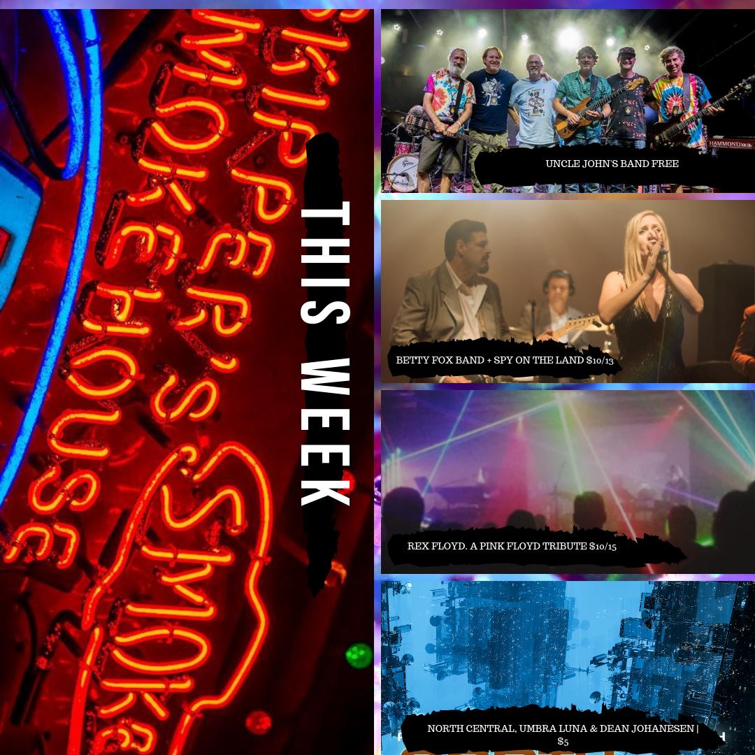 This week at #skipperssmokehouse. 

Thu | Aug 22 | 8pm | Free | #unclejohnsband
--
Fri | Aug 23 | 8pm | $10/13 | #bettyfoxband + #spyontheland
--
Sat | Aug 24 | 8pm | $10/15 | #rexfloyd a #pinkfloyd tribute
--
Sun | Aug 25 | 5pm | $5 | #northcentral + #umbraluna + #deanjohanesen