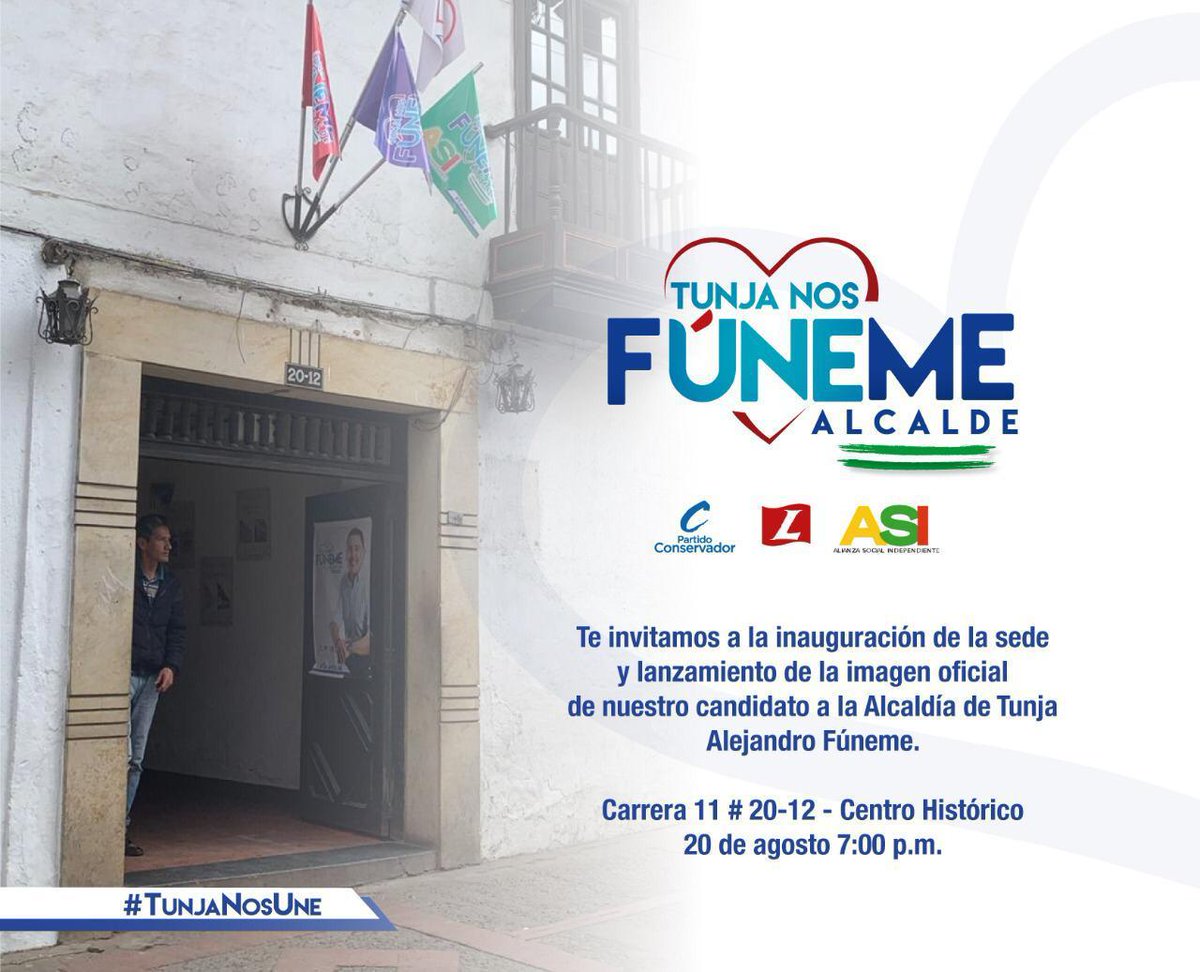 FunemeAlejandro's tweet photo. A esta hora comenzamos el acto de inauguración de nuestra sede política en el centro de Tunja, que es la casa de todos ustedes; y de presentación de la imagen oficial de la campaña. Síganos en Facebook Live #FunemeAlcalde #TunjaNosUne https://t.co/XQS8L6DFWM