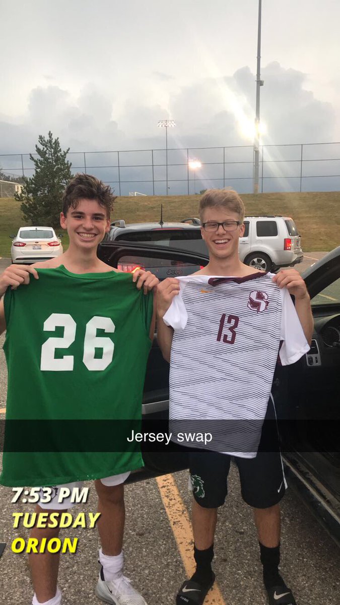 SoccerSeaholm's tweet photo. About 20 minutes in the game has been postponed at 0-0. On a more important note, shoutout to our boy Alec for being in the first jersey swap of the season. #Sportsmanship #GameRe2pectsGame #Lit https://t.co/vFEHJyDZRi