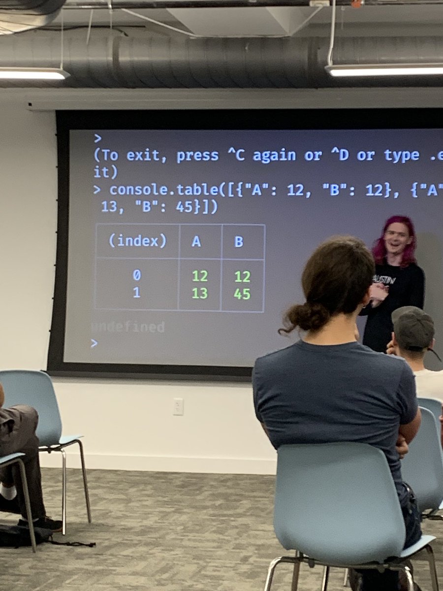 nodebotanist's tweet image. TIL console.table exists. Thanks @tylerlanecodes! Having fun at this month&apos;s @AustinJS!