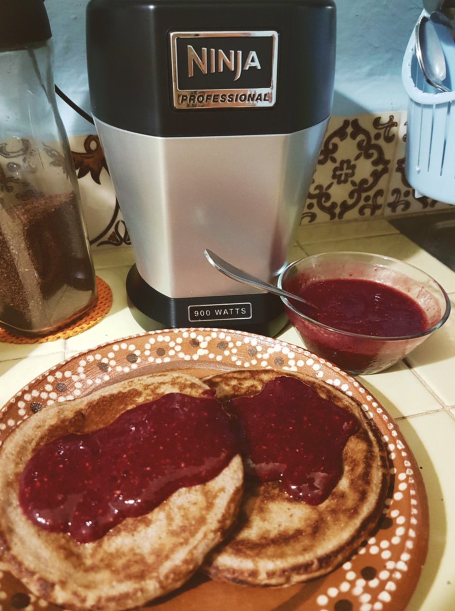 Ninja pancakes!  Frozen berries- thawed, sugar, chia seeds, lavendar, water.  Blend &amp; set 20 mins.=syrop!  Mix batter in same blender for berry infused pancakes! #yesihadpancakesforlunch #ninjabreakfast #iblendeverythingnow