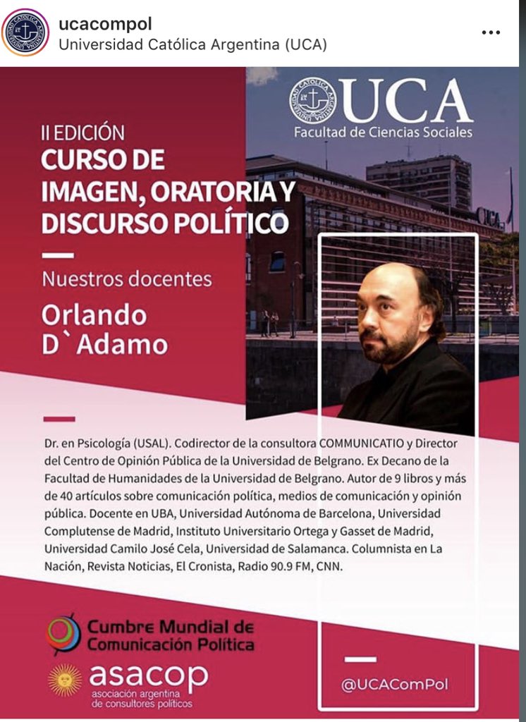 COMMUNICATIOXXI's tweet photo. Curso de oratoria, imagen y discurso político
#Edicion2019
#NuestrosDocentes ¡Disertante destacado! Nos vuelve a visitar Orlando D`Adamo de @communicatio.xxi 😄 @UCAComPol
.
+info: comunicacionpolitica@uca.edu.ar
.
.
#uca #comunicacion #compol #curso #oratoria #imagen #discurso https://t.co/6dMGNYoPKd
