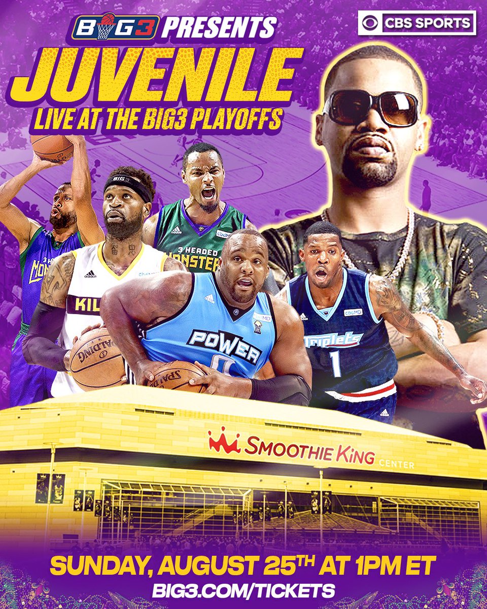 As first announced by league co-founder <a href="/JeffKwatinetz/">Jeff Kwatinetz</a> — <a href="/juviethegreat/">JUVENILE</a> will be performing live at the #BIG3Playoffs in New Orleans this Sunday 🔊🔊🔊 Come vibe out with the BIG3! big3.com/tickets