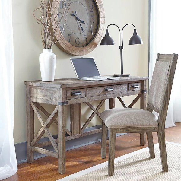 HowellFurniture's tweet photo. This solid spruce table desk features a weathered gray finish with subtle accents of wirebrush distressing and burnishing, plus a flip-front keyboard drawer and built-in power charging station. See more: https://t.co/wXSF8TEBnZ   #HomeOffice #SolidWood #Furniture https://t.co/Imbey7TOdN
