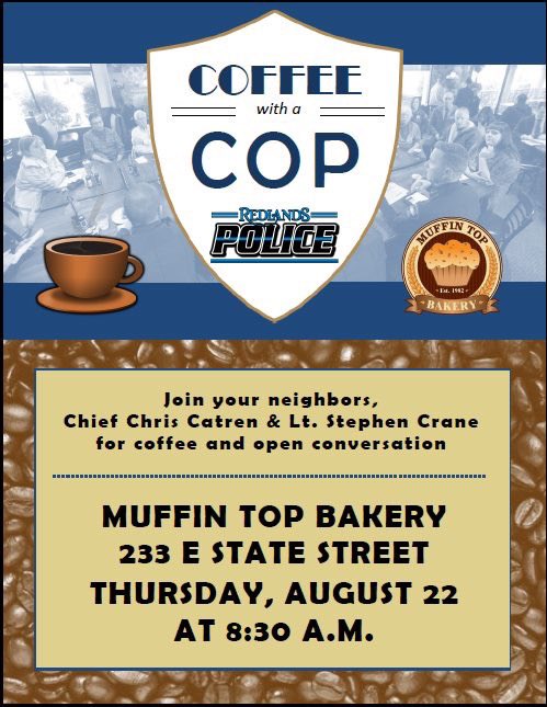 RedlandsPD's tweet photo. Join us for โ๏ธ with a ๐ฎ๐ผโโ๏ธ Thursday at Muffin Top Bakery. The fun starts at 8:30 am. Hope to see you there. #Redlands #RedlandsPD https://t.co/Eo9IklZRL0