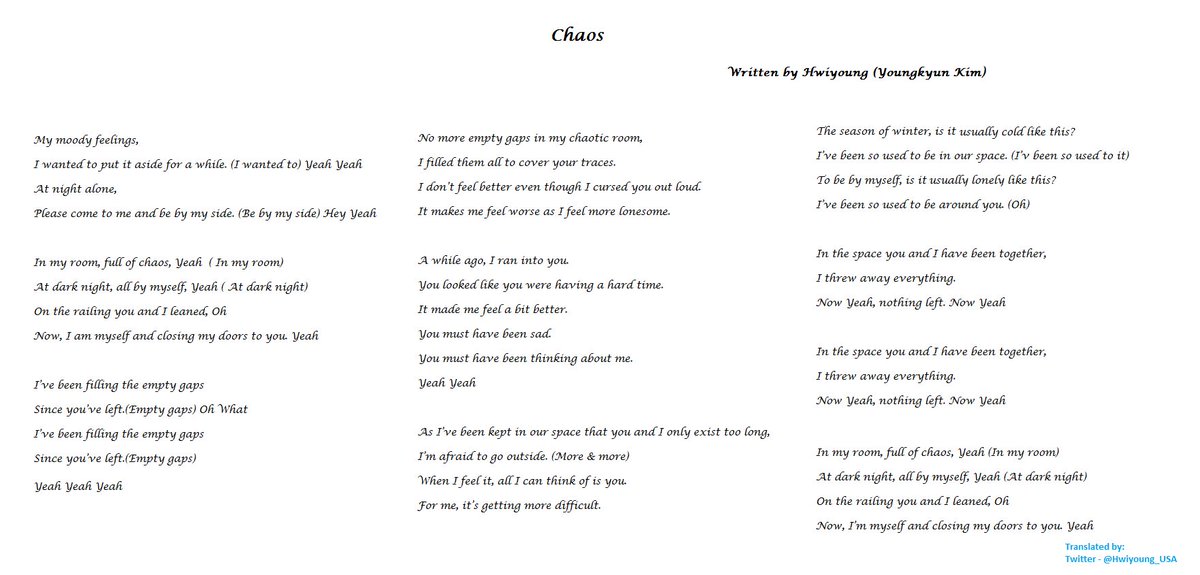 < Lyrics >  #Hwiyoung's lyrics of " #Chaos ( #난장판)" are so heart-touching! With his AMAZING voice, this song is  #SoPOWERFUL & directly speaks to YOUR HEART!  (EnglishㅣKorean)Listen: http://soundcloud.com/h0123/gkkfqclovjal #SF9  #휘영  #영균 #WOW  #LoveYourHeartFeltLyrics