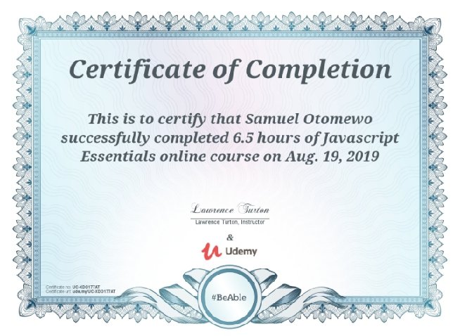 gesronet's tweet photo. Thank you udemy for awarding me greatly with JavaScript Essentials Certificate, Am greatful. #udemy #beAble #javascript #AndelaTechTuesday #andela #deacagon #fullstackdeveloper #softwaredevelopment #awsdevelopers #GoogleDigitalSkills #udacity #Software #googledeveloperscircle https://t.co/KCaQKbzRhh
