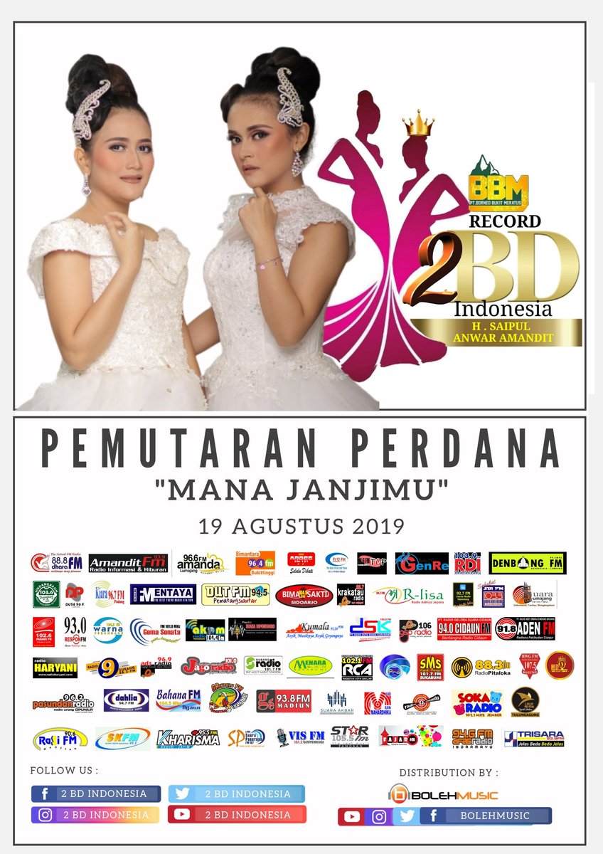 Terima kasih kami kepada sahabat-sahabat radio yang melakukan pemutaran serentak "Mana Janjimu" pada 19 Agustus 2019.

Semoga lagu kami mendapatkan tempat dihati pendengar Indonesia. Aamiin

Cc. <a href="/bolehmusic/">Boleh Music</a> <a href="/BbmRecord/">BBM RECORD</a> 

#manajanjimu
#2bdindonesia