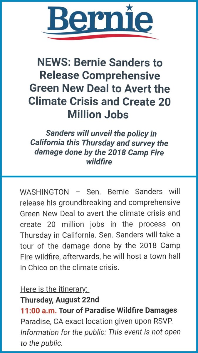 People4Bernie's tweet photo. ☀ IT'S HAPPENING: Thursday, 11am PT, @BernieSanders releases his plan for a #GreenNewDeal to create 20 MILLION new jobs and avert the climate crisis - live and on the internet 🌅 https://t.co/ueErFp44d3