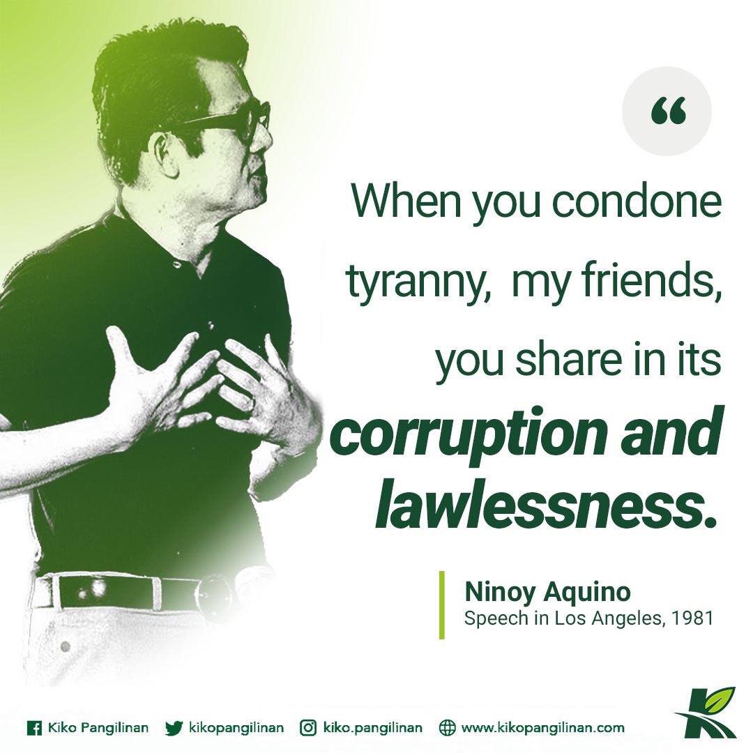 kikopangilinan's tweet photo. Isang paggunita sa isa sa tunay na magiting na lingkod-bayan sa buong kasaysayan ng ating bansa. 

Kabilang si Ninoy sa iilang tumayo laban sa diktadura. Ang pagpatay sa kanya ay isang mahalagang sandali para sa ating demokrasya. Malaya tayo ngayon dahil sa kanilang sakripisyo. https://t.co/djdviwAwrc