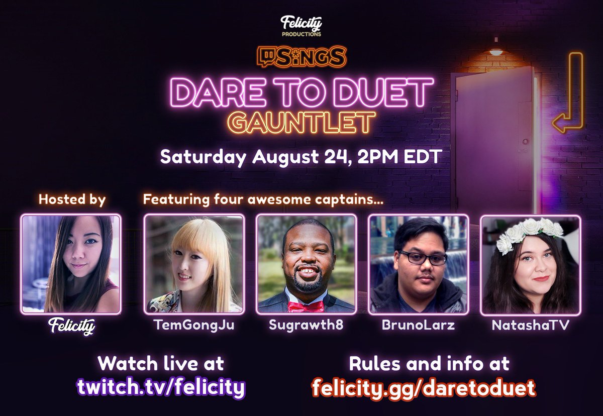 FelicityTV's tweet photo. The captains for Dare to Duet on August 24 at 2PM are: @TEMgongju @sugrawth8 @BrunoLarz @NatashaCSGO !! Please go follow them on Twitch! I can’t wait to see what their teams bring on another front page stream on Saturday! https://t.co/FtcdsdZ63u