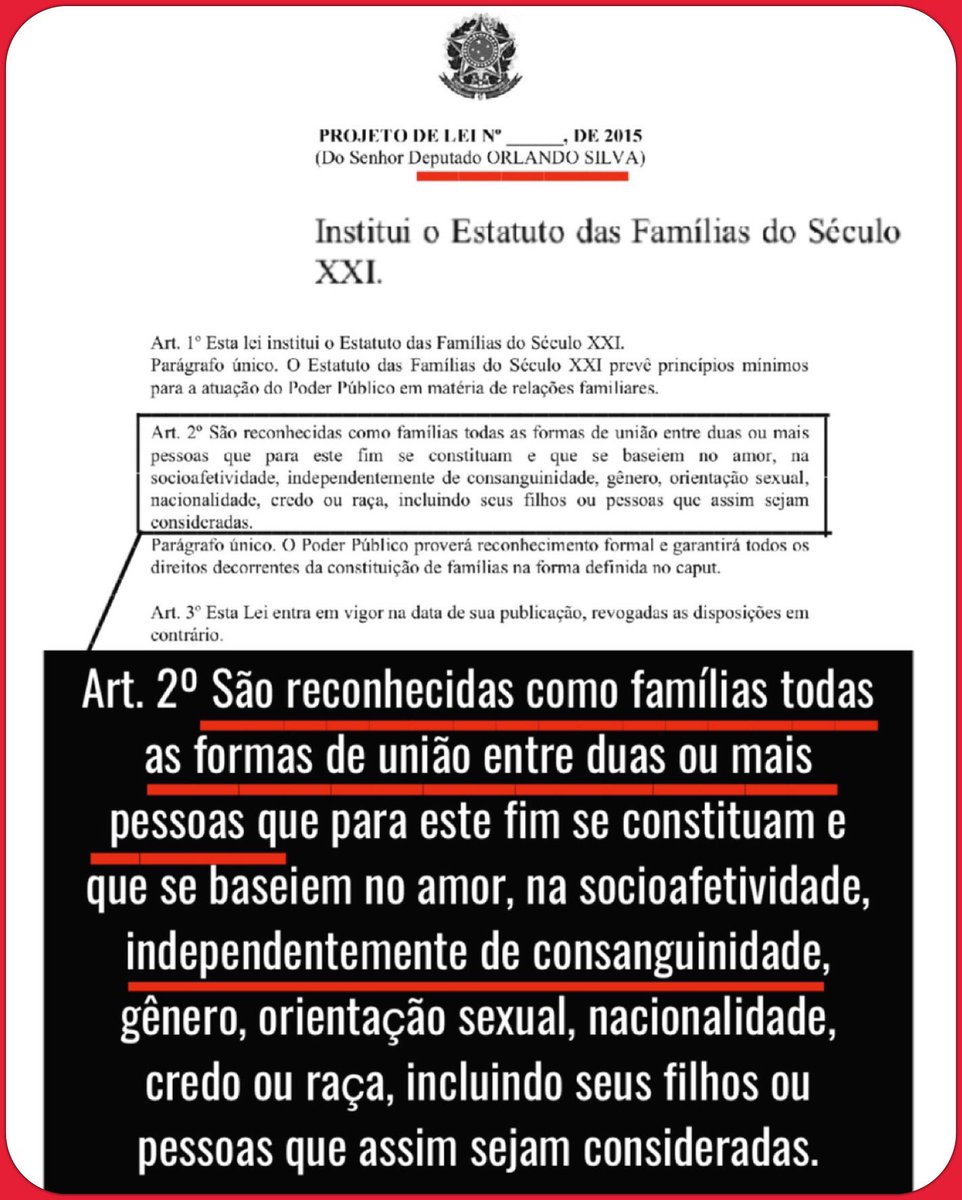 BolsonaroSP's tweet photo. Se isso não é um ataque a instituição da FAMÍLIA eu não sei o que é. Leia o projeto do dep.Orlando Silva (PCdoB-SP) e tire suas conclusões. Graças a Deus foi retirado de pauta da CDH amanhã. Mas eles voltarão, seja no CN seja num organismo internacional.

https://t.co/StGa624xnT https://t.co/DtJ8aSAeHL