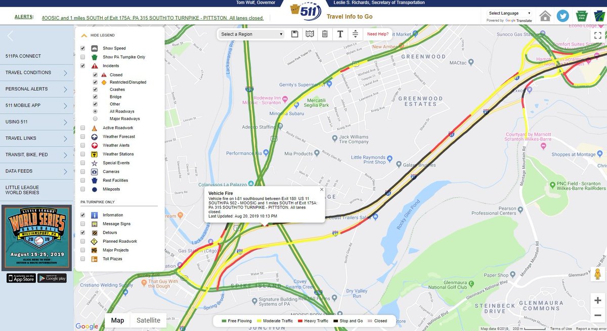 onwithjohnwx's tweet photo. From @511PANortheast - Vehicle fire on I-81 southbound between Exit 180: US 11 SOUTH/PA 502 - MOOSIC and 1 miles SOUTH of Exit 175A: PA 315 SOUTH/TO TURNPIKE - PITTSTON. All lanes closed. Our @peggyleewnep is following the story and will be live tonight on @WNEP with the latest. https://t.co/kkw0KRCZZw