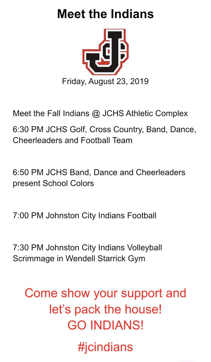 JCHS_Indians's tweet photo. JCHS MEET THE INDIANS
🏈🏐🤾🏼‍♀️🏌️🏼‍♀️🏌️🏼‍♂️📣💃🏼🎶🏃🏻‍♀️🏃🏼‍♂️
Come out and meet your fall sports teams at the JCHS Athletic Complex! 
@FAMILY_all_in1 @JC_HighSchool @JohnstonCityIL @JC_Indians #jcindians https://t.co/cFVhjtL29e