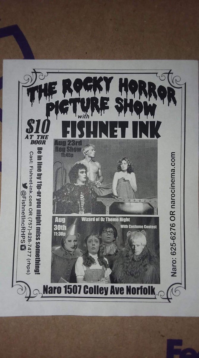 FishnetIncRHPS's tweet photo. We have 2 shows for you this month! Our regular show on August 23rd, and a special theme show August 30th! And that theme is The Wizard Of Oz! 
.
.
.
#fishnetink #fishnetinc #rhps #rockyhorrorpictureshow #757 #ghentva #ghentnorfolk https://t.co/nljQOtDJ0g
