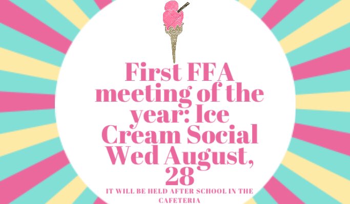 bchsffa's tweet photo. You scream, I scream, we all scream for ice cream! Join us on August 28th at 3:00 in the cafeteria for our first FFA meeting of the 2019-2020 school year! See you there! #BCFFA #bcpride https://t.co/gIgAGJBKx2