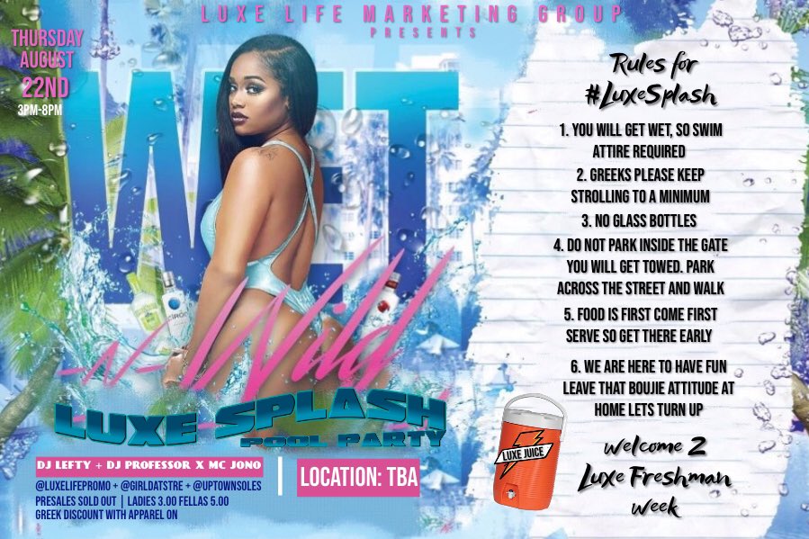 shortgalkim's tweet photo. ITS THAT TIME AGAIN !!!
TAP IN WITH LUXE LIFE FOR THE BACK TO SCHOOL WAVES
#LuxeFreshmanWeek 🏆🏆🏆
TAG UR CREW
08/21 - #KickingItWithLuxe
08/22- #LuxeSplash Pool Party 🏄🏾♂️
08/23- #LuxeTwerkOlympics2
08/24- #MidnightSecrets Pajama Party
#TXSU23 #PVAMU23 #UH23 https://t.co/EL26VhlWd5