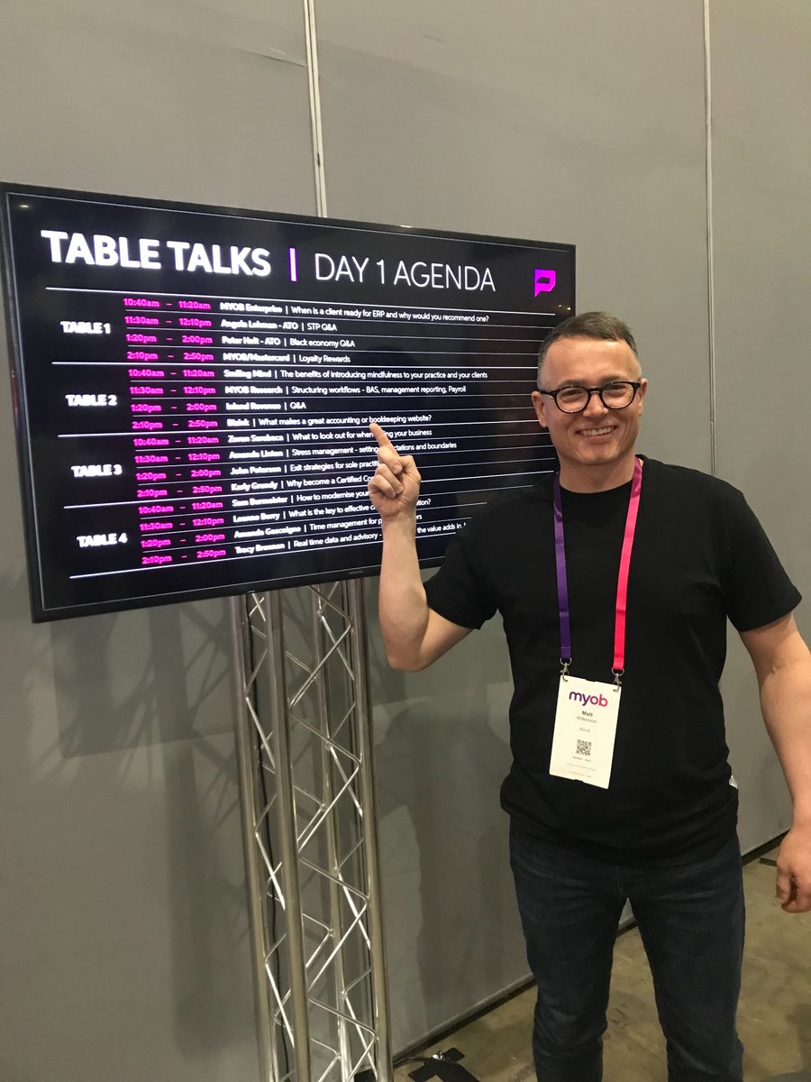 bizinkonline's tweet photo. Table 2 at 2:10pm. You'll find Matt speaking about "What makes a great accounting or bookkeeping website"
See you there! 
#myobpc 
@MYOB https://t.co/caUbPL3Zed