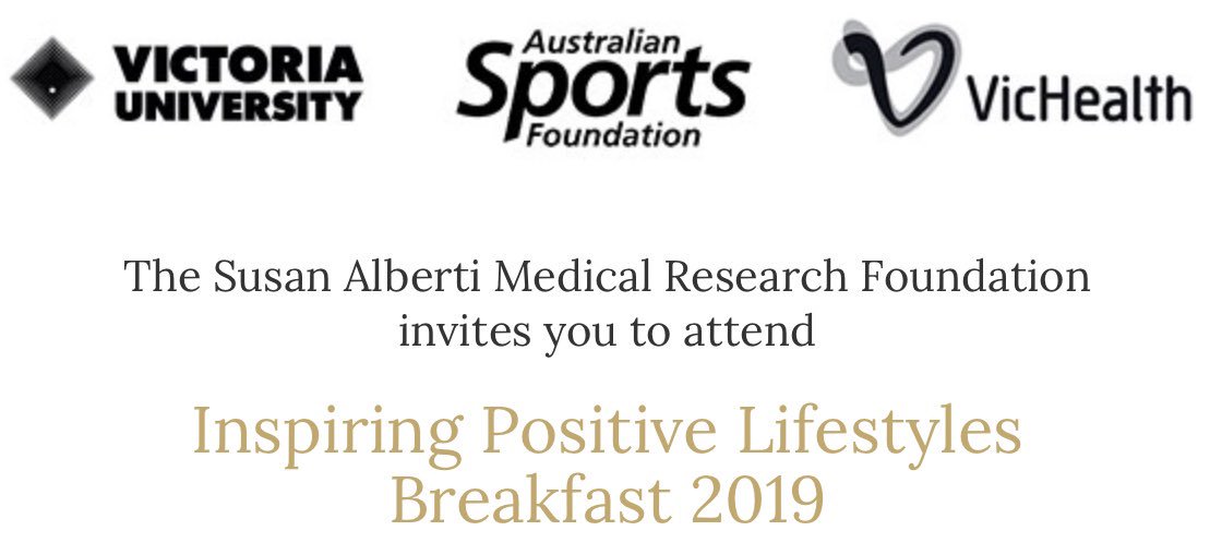 Join me on Thursday 14 November breakfast at RACV City Club to inspire Women and Girls positive lifestyles. Mel Jones OAM is MC, Lauren Burns OAM Keynote speaker.  Go to susanalbertifoundation.org.au to book your tickets #vichealth #victoriauniversity #samrf