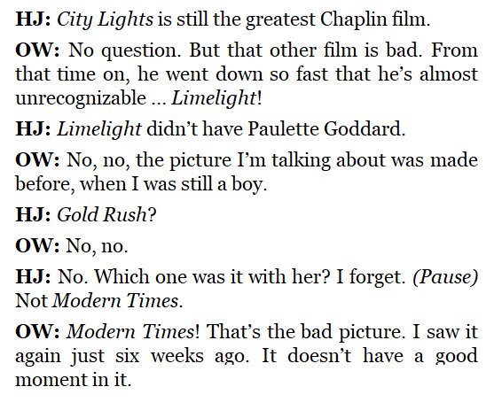 In which Orson Welles reveals that Chaplin had six gagmen, Buster Keaton was better, Modern Times was terrible and that Chaplin looked terrific as a woman.Chaplin, Charlie