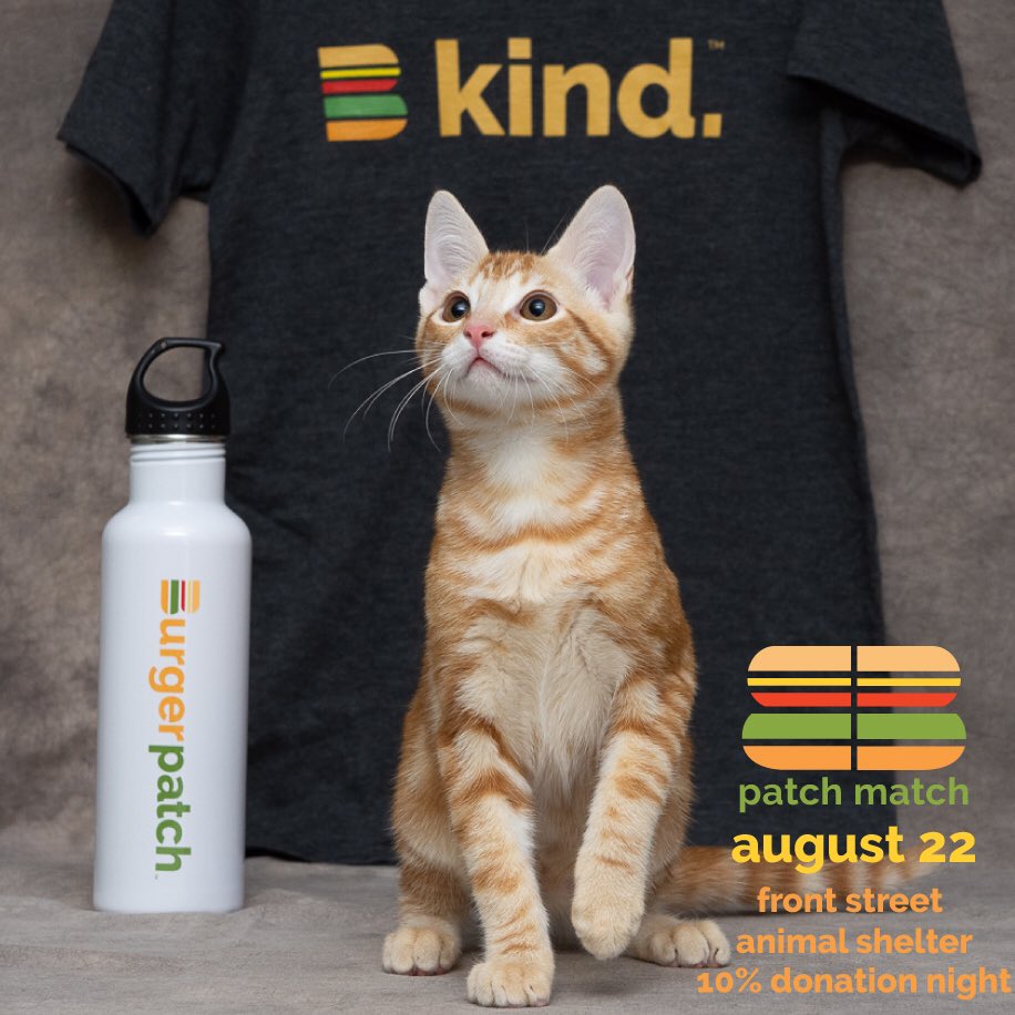 TheBurgerPatch's tweet photo. This Thursday from 6-10pm 10% of all sales will go to @frontstreetlife 🐶 🐱 🐰 Stop by from 6-8pm to meet adoptable animals! 
#PatchMatch
#eatburgerpatch
#animalovers https://t.co/FN1mMWQQ3u