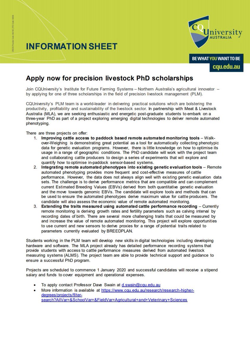 Anita Z. Chang (@anitazoechang) on Twitter photo The Precision Livestock Management team at @CQUni has THREE funded #agtech #cattle PhDs available! Get in contact with <a href="/Davo_Swain/">Dave Swain</a> for more info!
<a href="/FutureBeef/">FutureBeef</a> <a href="/AAAS_Qld/">AAAS Qld & NT Branch</a> <a href="/AgForceQLD/">AgForce Queensland</a> <a href="/CQUGradResearch/">Susan Kinnear</a> <a href="/meatlivestock/">Meat & Livestock Australia</a> @cattlecouncilau <a href="/NBP_Inc/">Northern Beef Producers Inc</a> <a href="/NBRUC2016/">NBRUC</a> <a href="/beefcentral/">Beef Central</a> The Precision Livestock Management team at @CQUni has THREE funded #agtech #cattle PhDs available! Get in contact with <a href="/Davo_Swain/">Dave Swain</a> for more info!
<a href="/FutureBeef/">FutureBeef</a> <a href="/AAAS_Qld/">AAAS Qld & NT Branch</a> <a href="/AgForceQLD/">AgForce Queensland</a> <a href="/CQUGradResearch/">Susan Kinnear</a> <a href="/meatlivestock/">Meat & Livestock Australia</a> @cattlecouncilau <a href="/NBP_Inc/">Northern Beef Producers Inc</a> <a href="/NBRUC2016/">NBRUC</a> <a href="/beefcentral/">Beef Central</a>