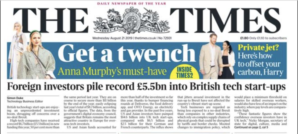 TechNation's tweet photo. UK tech making front-page news this morning, as foreign investors pile record £5.5bn into British tech startups in 2019 so far. 💰@thetimes
https://t.co/AZ8DjlBQTO https://t.co/nEuF0TFEJM