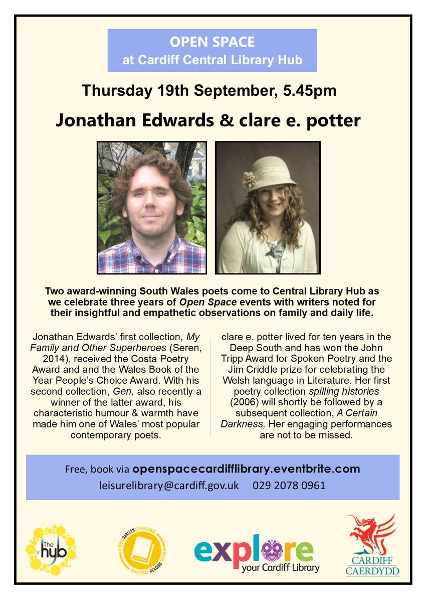 Two awarding-winning South Wales poets come to @cdflibraries  Central Library Hub as we celebrate 3 years of Open Space events on September 19. Book your free space here https://t.co/OO9RfwavcN or call us at 029 2078 0961 https://t.co/yIz0Y73dbc