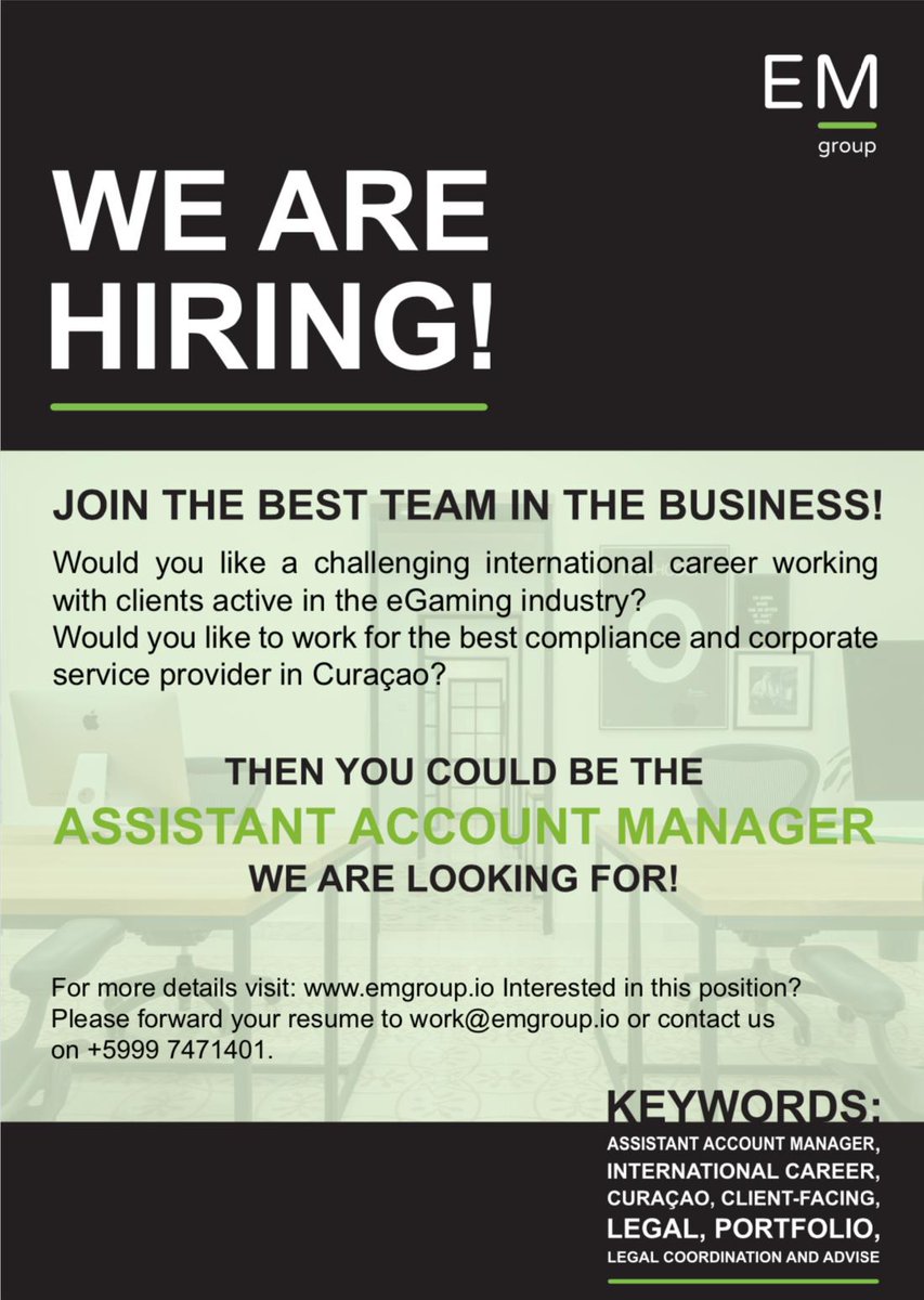 LetsTalkMoore's tweet photo. Are you an Assistant Account Manager living in Curaçao and looking for a new challenge?
Then you could be the new colleague we are looking for!
Please find our job spec here: http//emgroup.io and contact us today.

#WorkSomewhereAwesome #CorporateServices #HiringNow #CuracaoJobs https://t.co/g71CYYk8m2