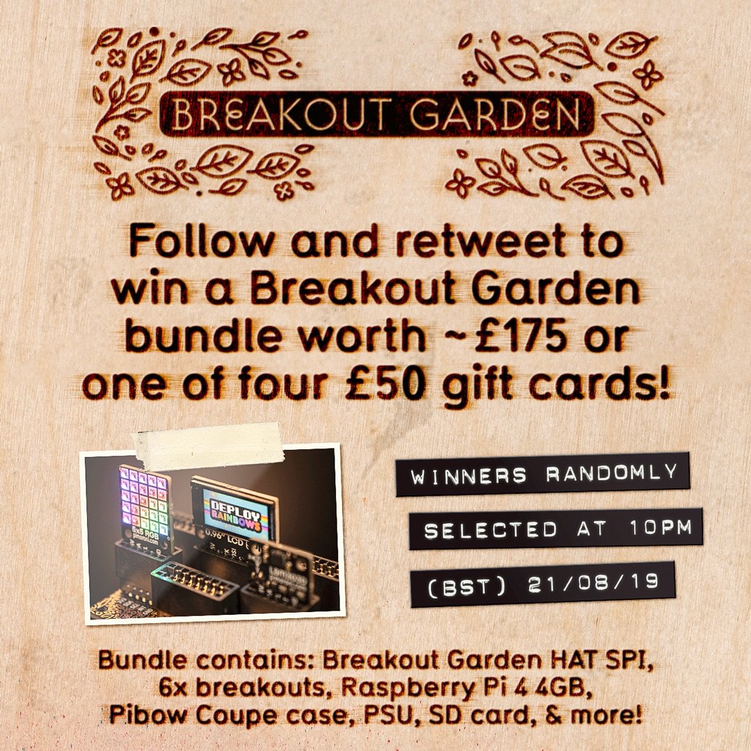 🎂 Day 2/7 in our giveaways is a brill Breakout Garden bundle worth ~£175, with Pi 4 and accessories, a HAT, RGB matrix, 0.96” LCD, BME280, 6DoF, light/colour sensor, and trackball breakouts, or 1 of 4 £50 gift cards. Whew!

Follow + RT to enter. Winners picked at 10pm tonight!