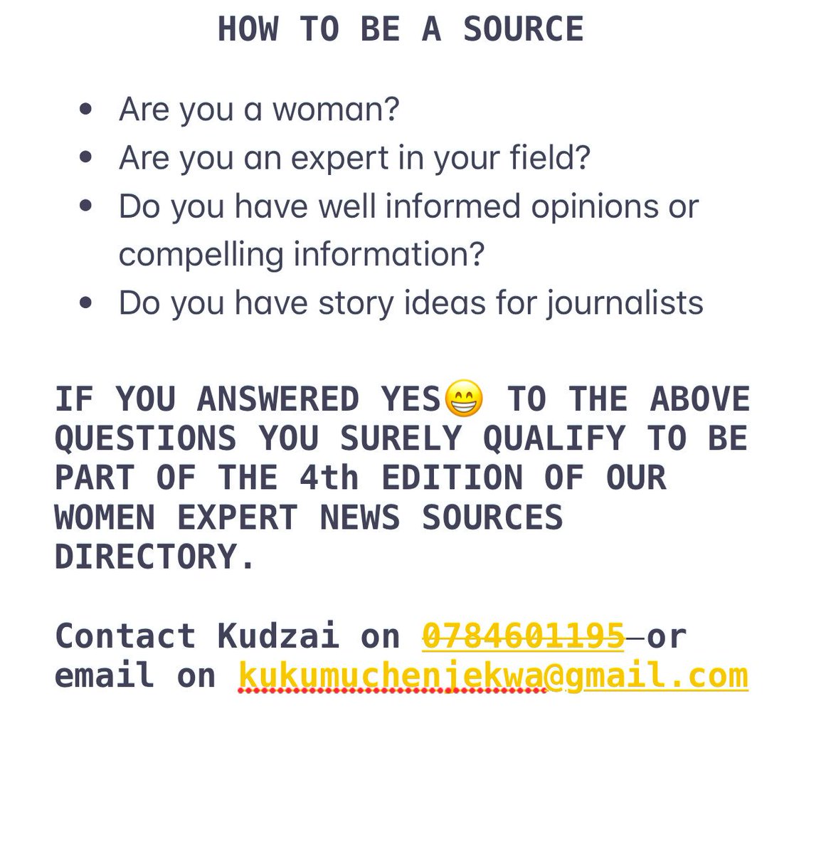 GMCZimbabwe's tweet photo. Good morning dear followers. Our call for women who want to be part of our women expert news sources directory is still on. For more information view the image below.

@WCOZIMBABWE @VoluntaryMedia @ZiFMStereo @womensvoicezw @wlsazim @Voices_ZW @CanEmbZimbabwe @HivosWiL https://t.co/VRxX5XCR17