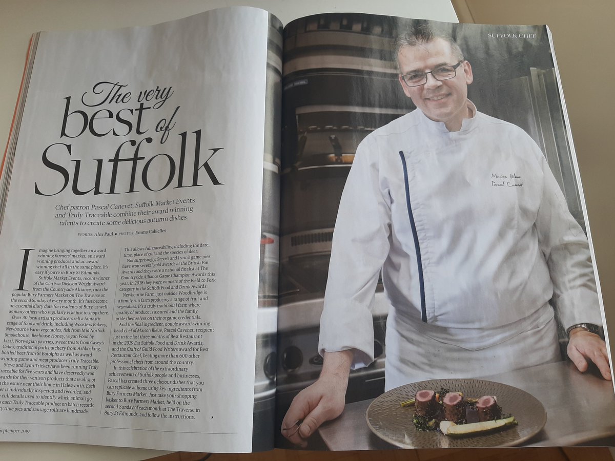 What a great article in Sept @suffolkmag written by @ahpconsultant with beautiful photographs by @EmmaCabielles. See the results when award winning producers from our farmers market in Bury St Edmund's are married up with one of Suffolk's very best chefs @pascalcanevet  #foodie