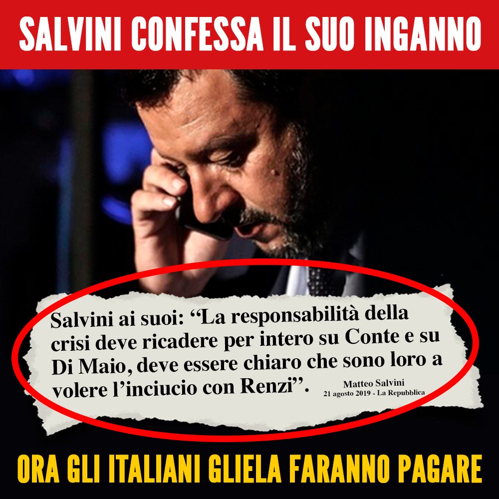 Mov5Stelle's tweet photo. Ci ha provato, ma gli è andata male.
Salvini voleva far ricadere le proprie colpe della crisi, da lui stesso innescata, su Giuseppe Conte e Luigi Di Maio, ma è stato smascherato dal Presidente del Consiglio e dal MoVimento 5 Stelle. Adesso giudicate voi! https://t.co/YOqLzUkpWt