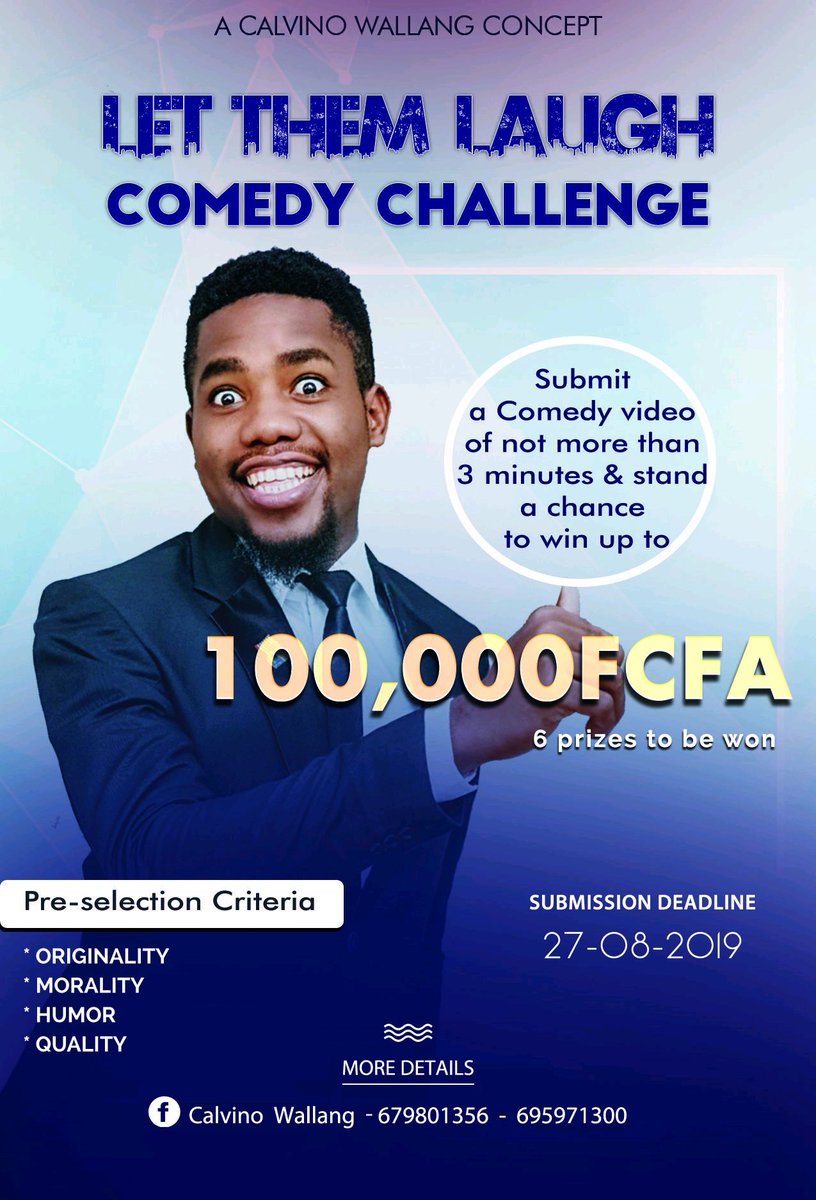 calvinwallang's tweet image. So you think you can MAKE THEM LAUGH 🤔?
Then join the Challenge. Submit your own comedy video of not more than 3 minutes and stand a chance to win up to 100,000 FCFA.  
Submission details👇 
bit.ly/2Z7cPQk
#comedy
#LetThemLaugh
#comedychallenge
#funny #lol