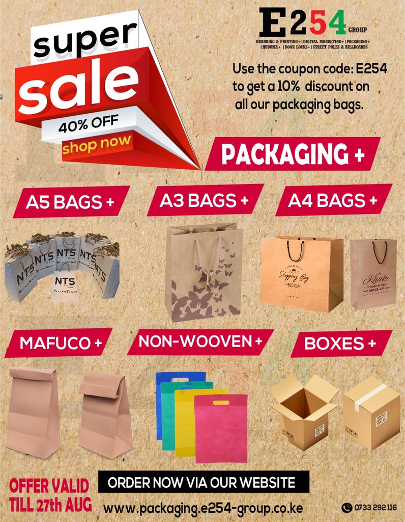 E254branding's tweet photo. SUPER SALE

Take your business to the next level with proper packaging. 
Up to 40% discount 

Visit  
https://t.co/OfVAuK8Guk

Use the code E254 to get a 10% discount .
Talk to us 0733 292 116 
Valid till 27 August 2019
#sportpesa 
#Babu 

#istandwithpogba https://t.co/uTExKjuT8J