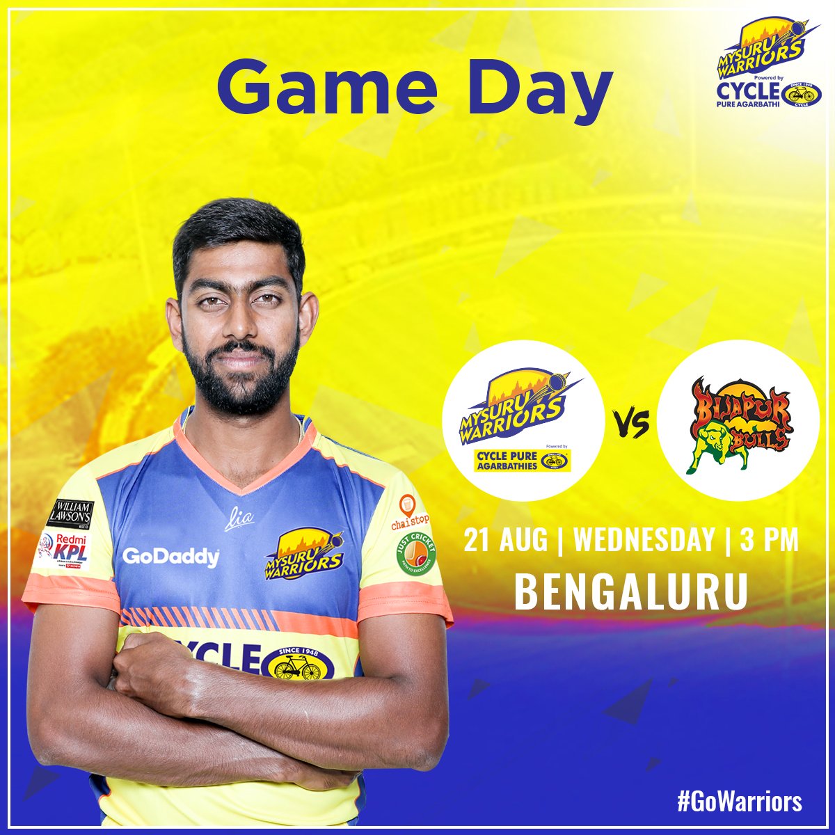 mysore_warriors's tweet photo. ⭐ GAME DAY! ⭐
Today we face @kplbijapurbulls in the 3:00pm match at the Chinnaswamy Stadium to keep the momentum going before we head to Mysuru. Let's do the #Warriors way!
Send us your Match Predictions!
#GoWarriors #BBvMW #NammaWarriors #KPL2019 #KPLNoduGuru https://t.co/DMwGw1xeny