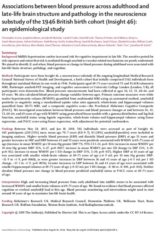 jmschott's tweet photo. Our paper (and linked commentary) showing links between midlife blood pressure and late life brain health in @MRCLHA 1946 birth cohort #Insight46 published #OA @TheLancetNeuro @ARUKscientist @uclnews https://t.co/mwTnKCfdfl https://t.co/B8AeMfKfMk https://t.co/nBx0Hc5knH