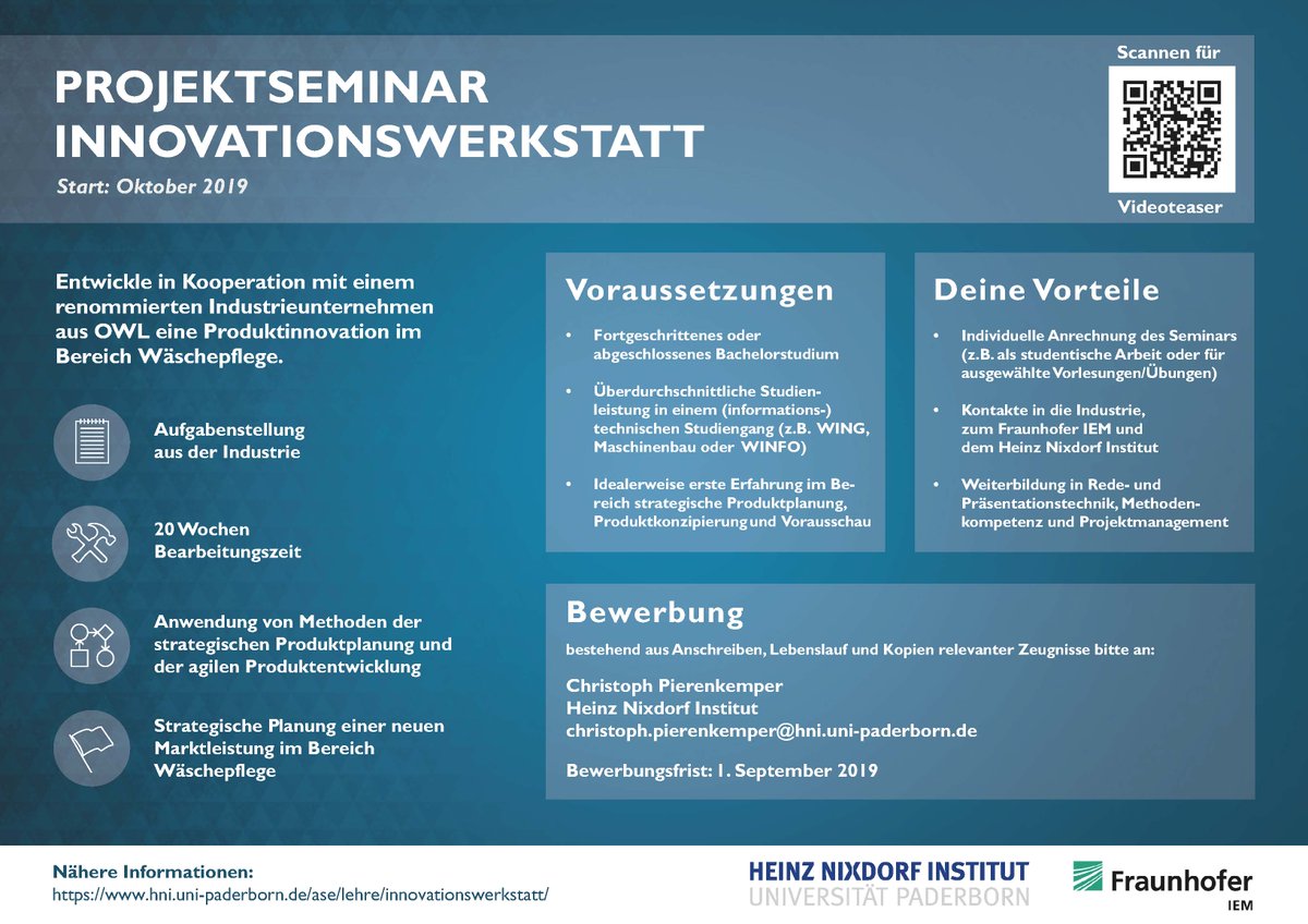 Im Oktober startet wieder das Projektseminar Innovationswerkstatt, bei der ausgewählte Studierende eine reale Innovationsaufgabe aus der Industrie bearbeiten. Bewerbt Euch noch bis zum 1. September und werdet Teil des Projektteams!  Mehr Info's unter: hni.uni-paderborn.de/ase/lehre/inno….