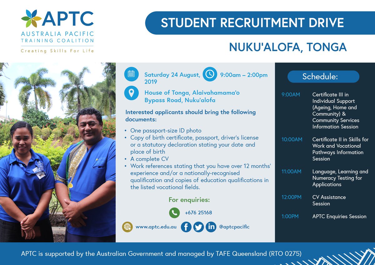 aptcpacific's tweet photo. If you live in #Tonga 🇹🇴 and are interested in upskilling with APTC, come along to the House of Tonga on 24 August for information on our courses, application requirements and processes. See you there!
#creatingskillsforlife #TVET #PacificSkills https://t.co/xzGBGSAW8j