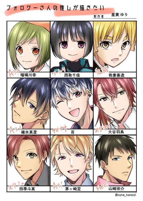 #フォロワーさんの推しが描きたい 
リプくれた方ありがとうございました!初描きの人たちどう頑張っても似なかった… 