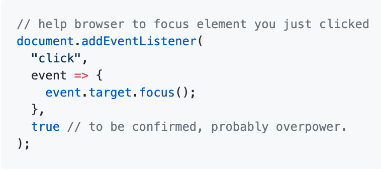 theKashey's tweet photo. There are good browsers, there are bad browsers, and there is #Safari
Got an issue for react-focus-lock related to #reachui setting tabindex=-1 at route.
In short - CLICKING BUTTONS DOES FOCUS THEN.
PS: Unless you do it manually...
https://t.co/WuSoInaWpT https://t.co/1wChGLTPen